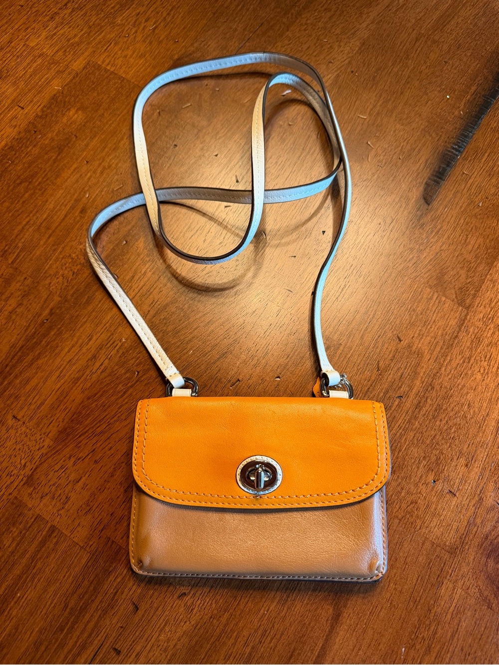 Coach Two-Tone Color Block Orange and Tan Leather Crossbody Wallet EUC